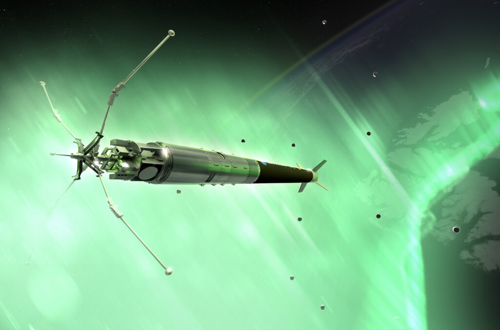 Illustration of a research rocket performing measurements inside an aurora display.