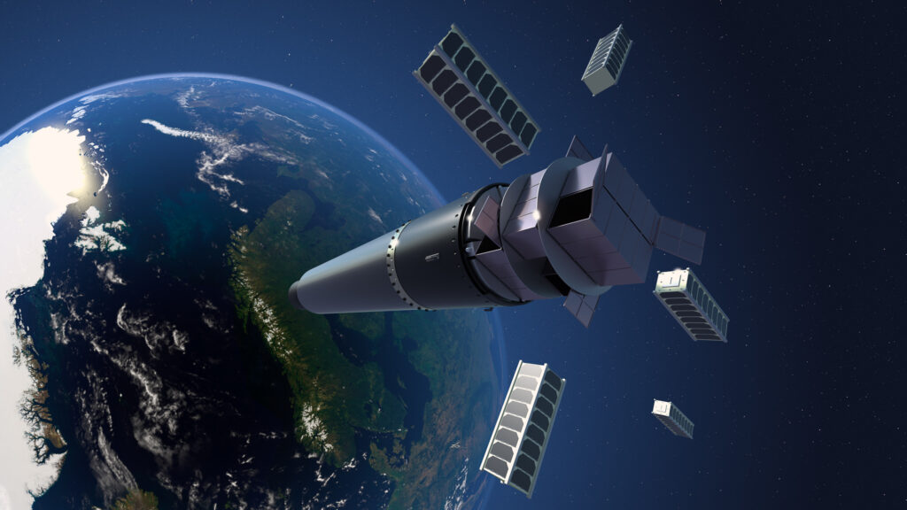 Illustration of satellites being released from launch vehicle