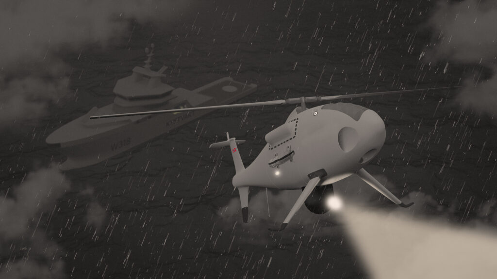 Illustration of drone helicopter operating in rain with coast guard ship in the background