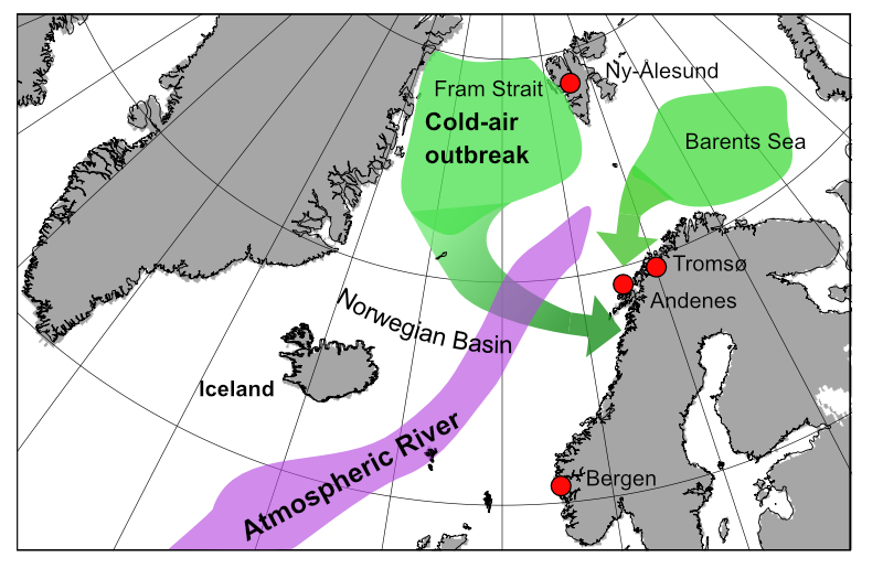 Illustration of cold-air outbreaks and atmospheric river in the Nordic Seas region