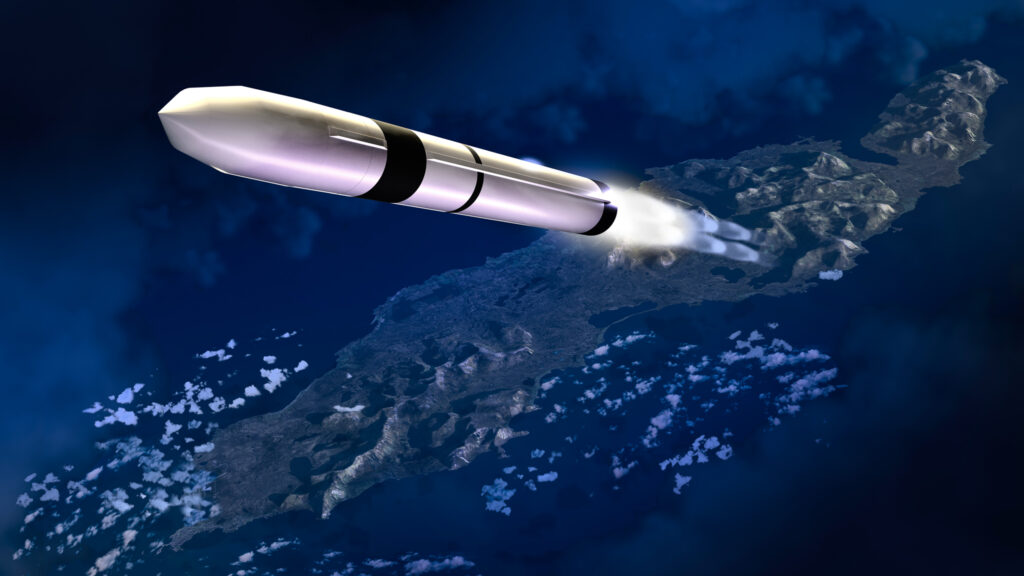 Illustration of a satellite launch vehicle speeding away from Andøya towards polar low Earth orbit